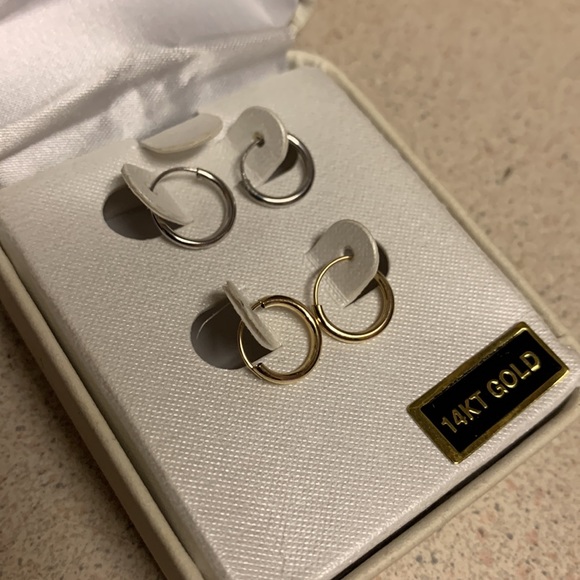 14K Gold Double Pair Small Hoop Earrings - Picture 2 of 6